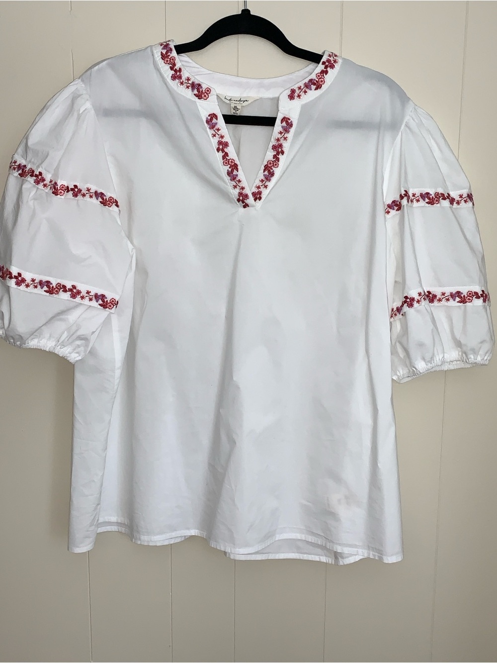 White Embroidered Bubble-Sleeve Blouse with Pink Trim - Picture 2 of 6